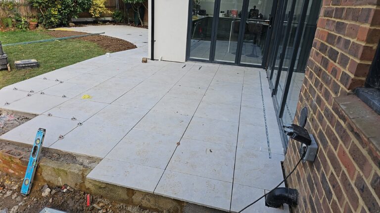 Finished porcelain patio and landscaping