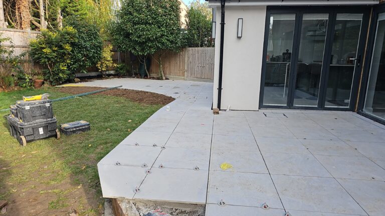 Finished porcelain patio and landscaping