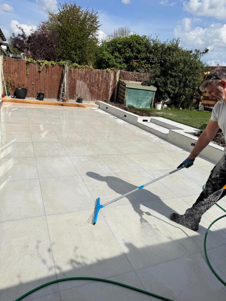 New porcelain patio with a raised border