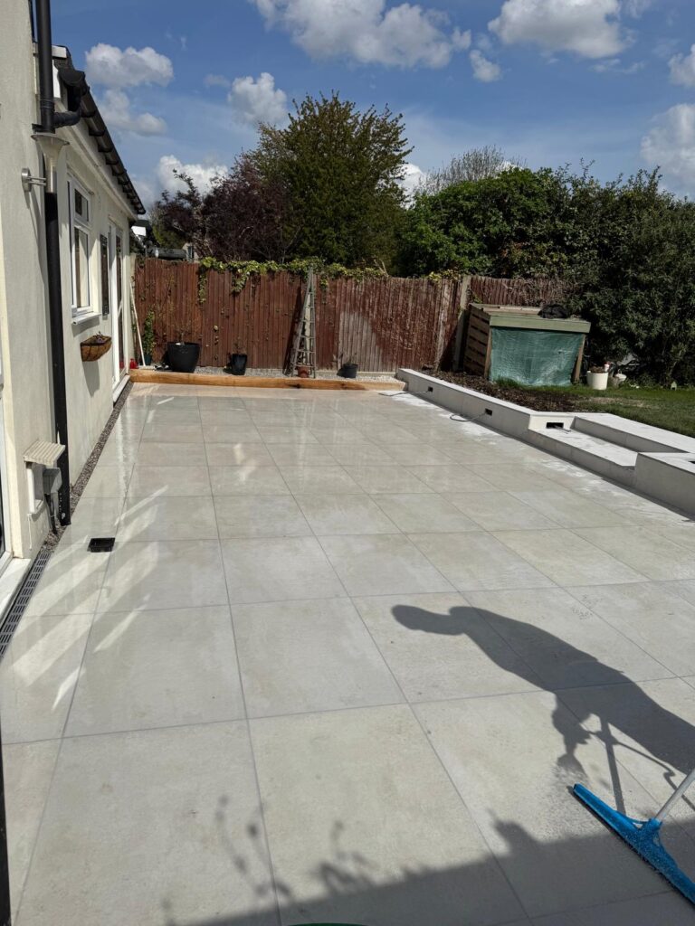 New porcelain patio with a raised border