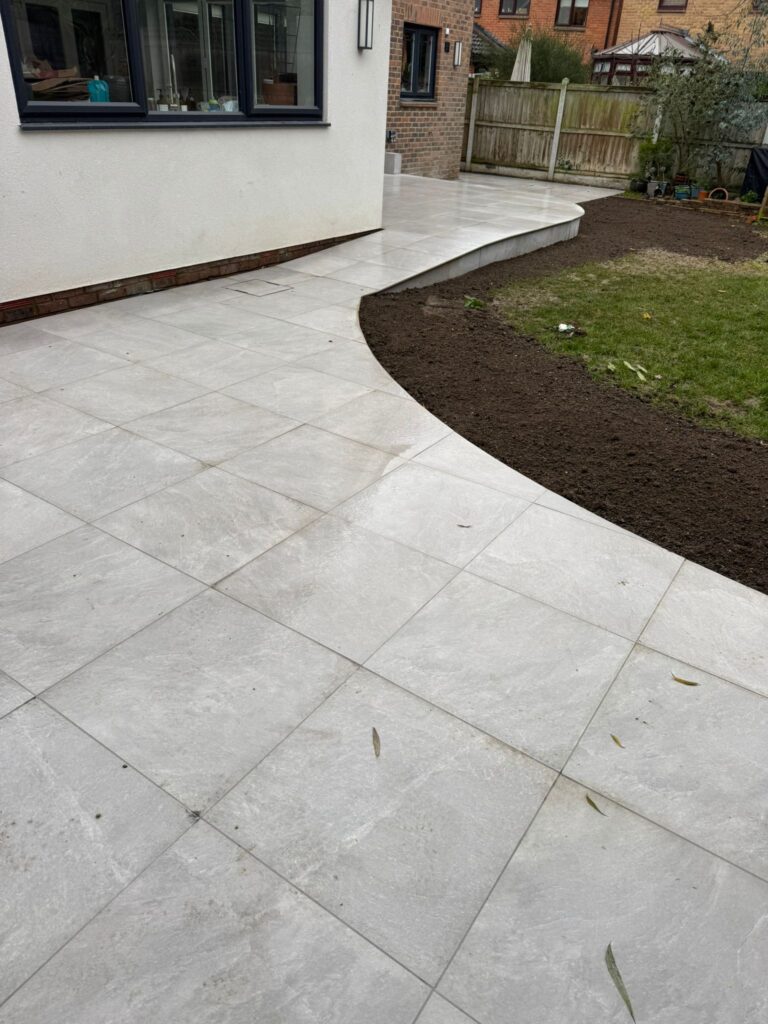 Finished porcelain patio and landscaping