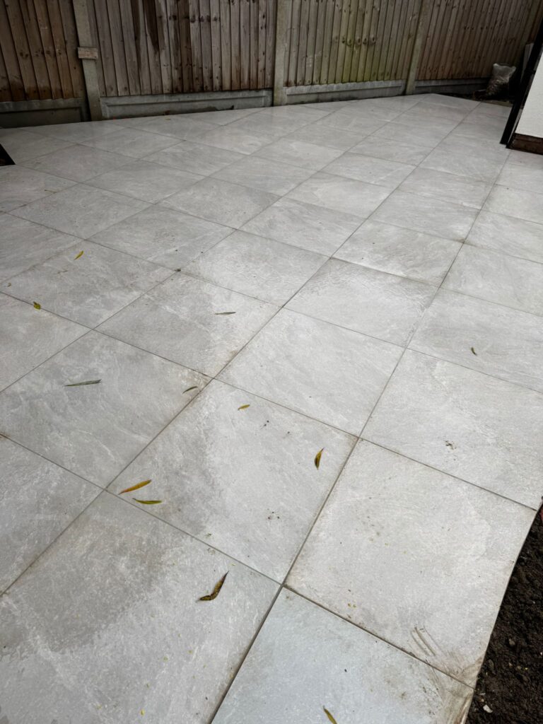 Finished porcelain patio and landscaping