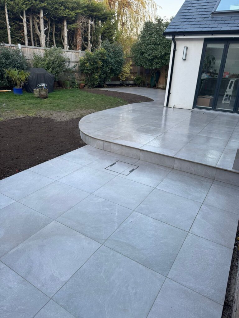 Finished porcelain patio and landscaping