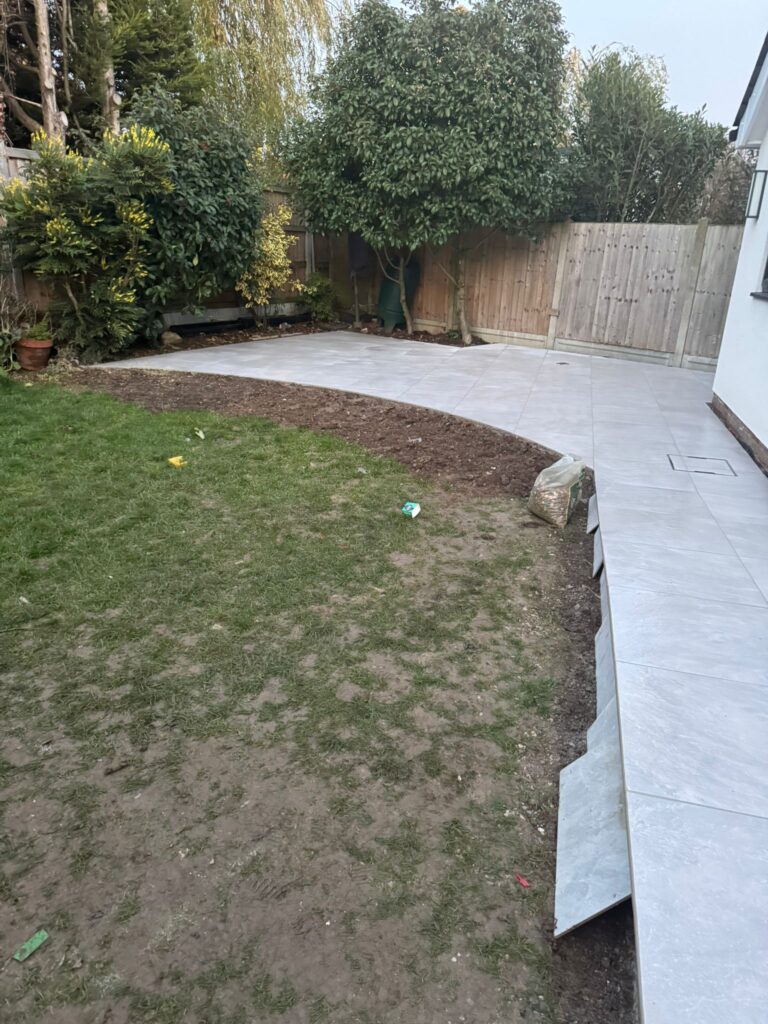 Finished porcelain patio and landscaping