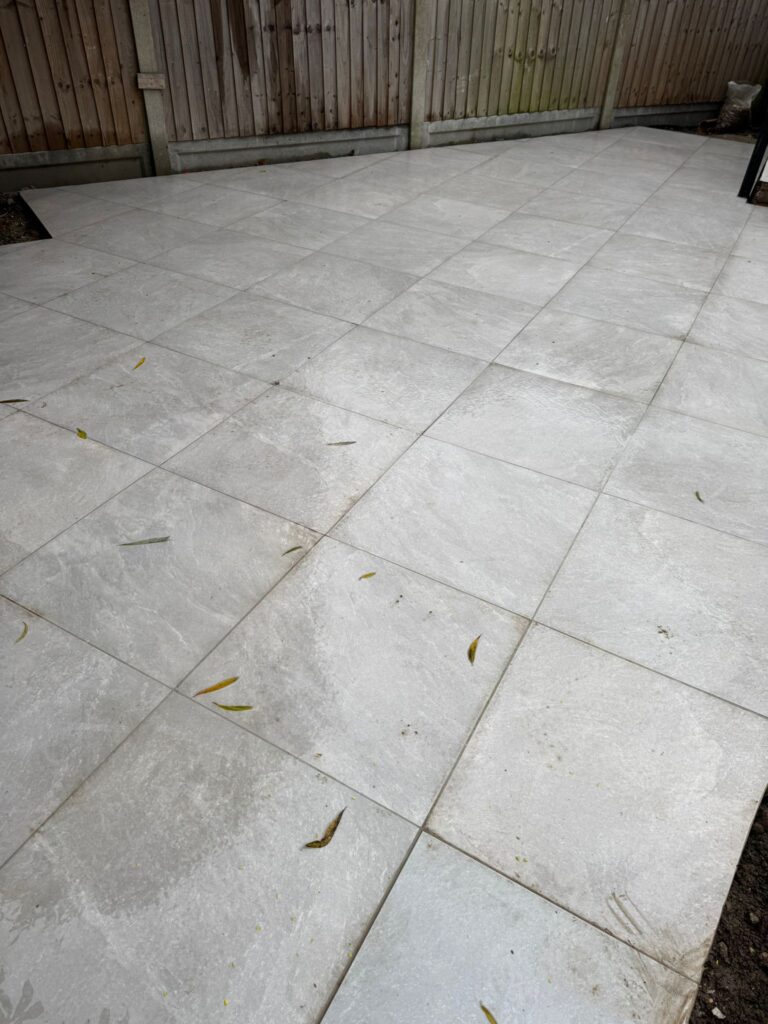 Finished porcelain patio and landscaping