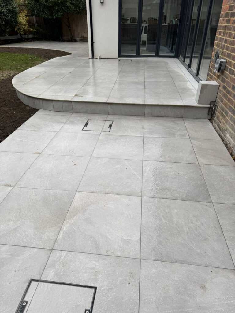 Finished porcelain patio and landscaping