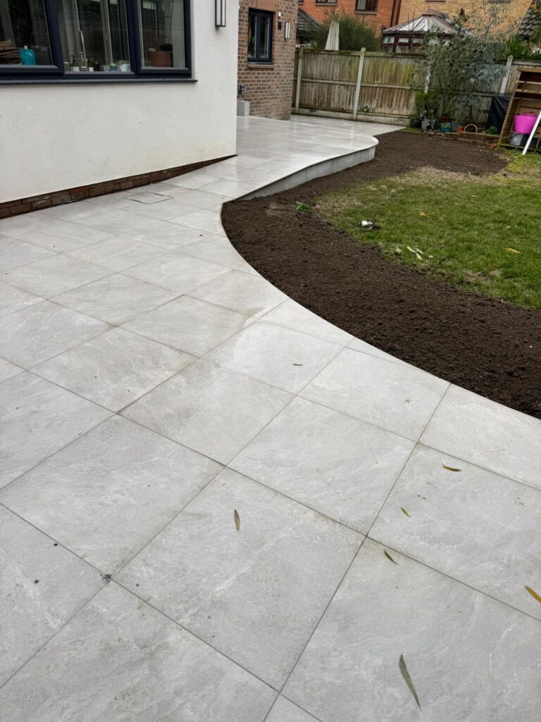 Finished porcelain patio and landscaping