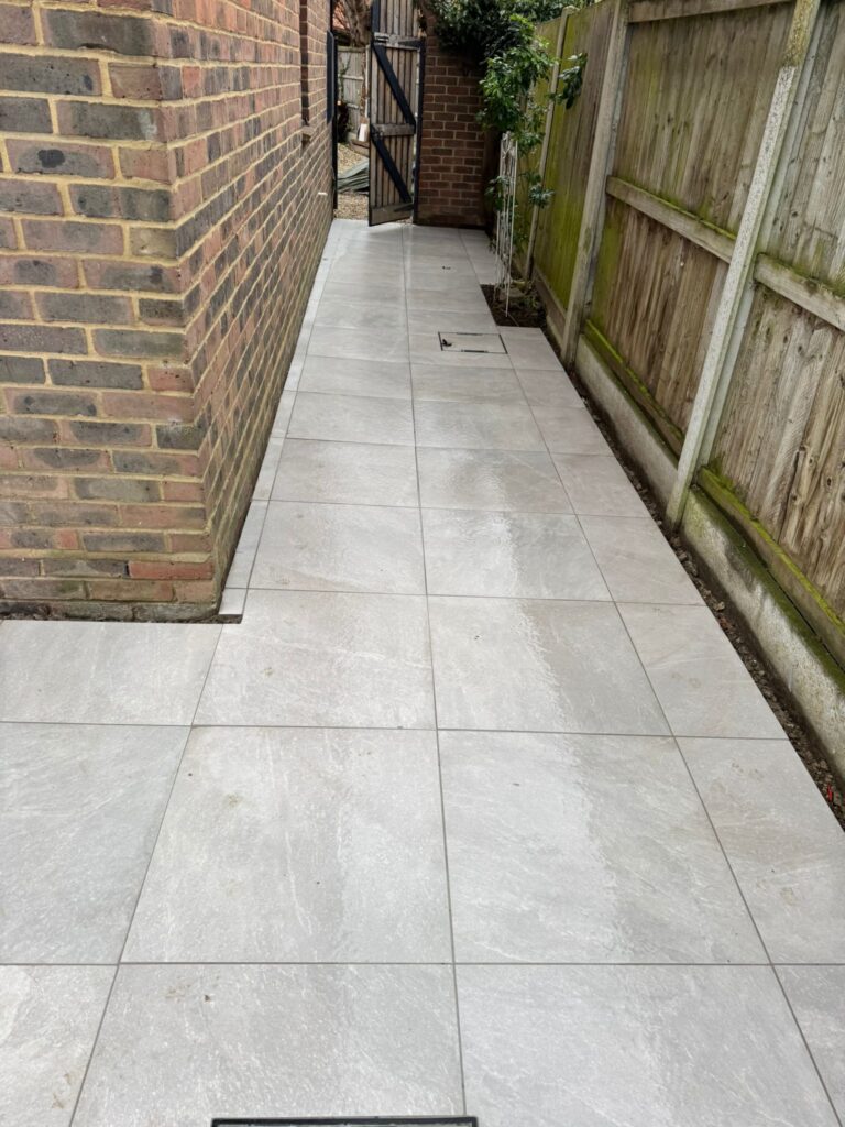 Finished porcelain patio and landscaping