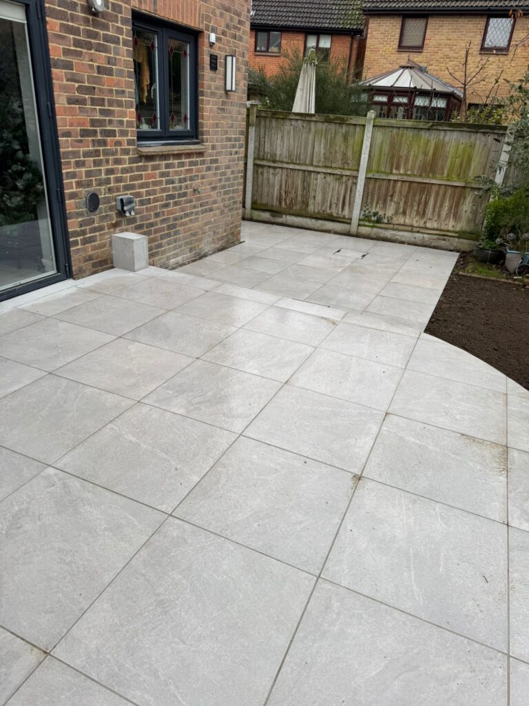 Finished porcelain patio and landscaping