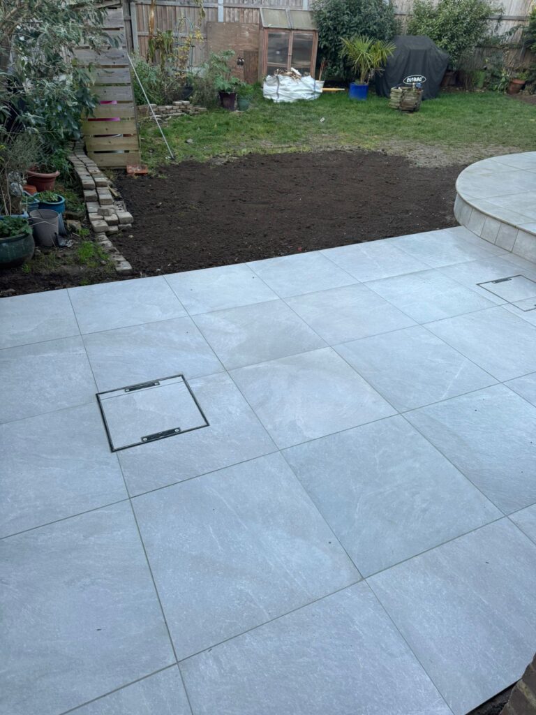 Finished porcelain patio and landscaping